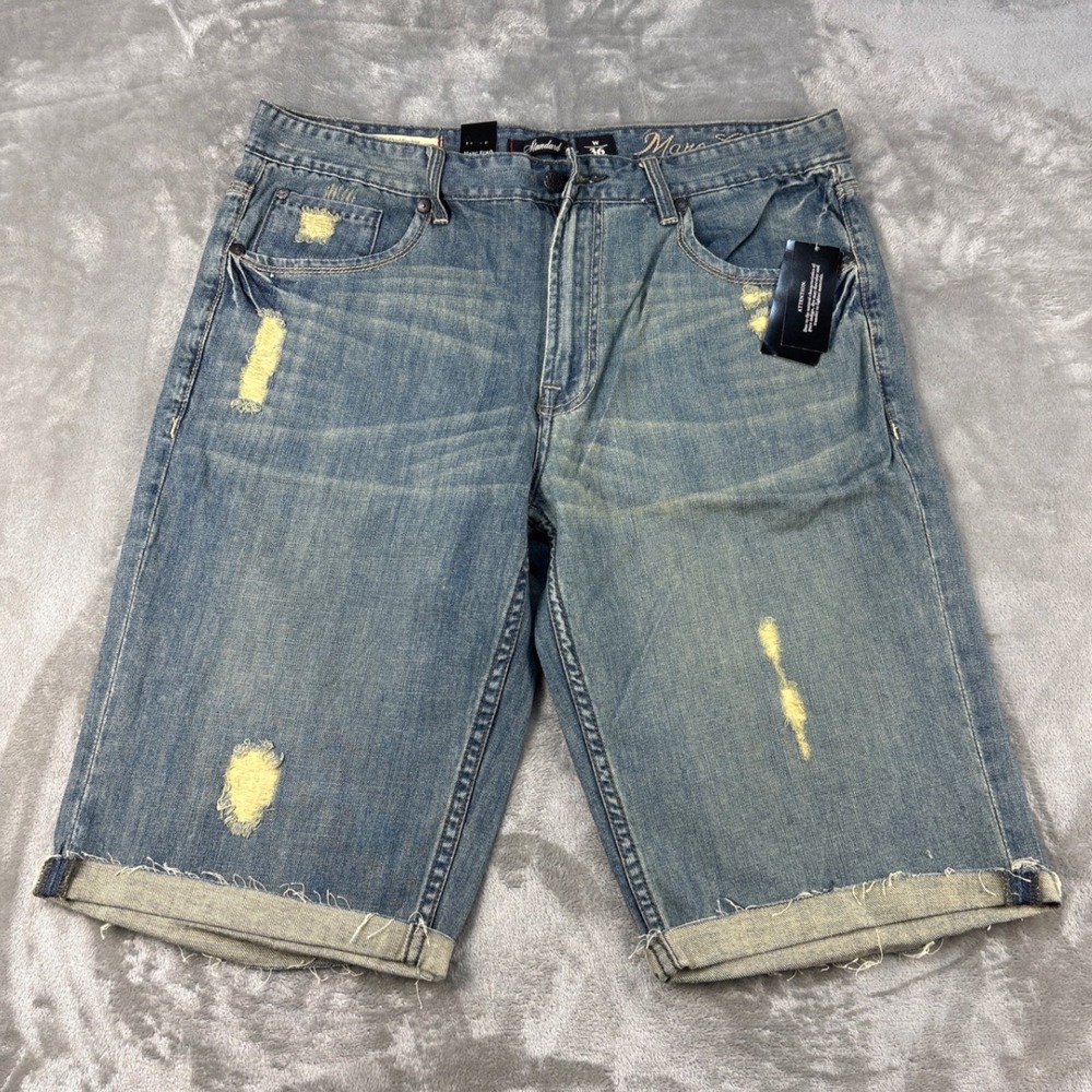 Marc Ecko Standard Mens Distressed Denim Shorts Blue Size 36 Raw Hem NWT
